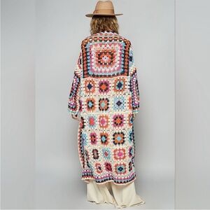 New POL Beige Multicolor Granny Squares Long Crochet Knit Cardigan